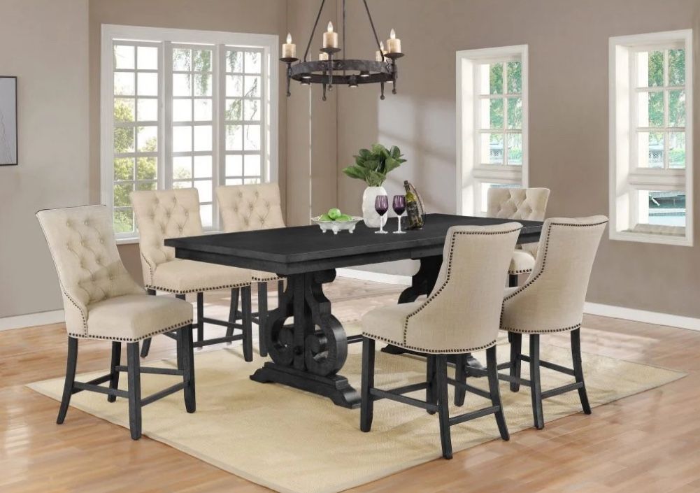Dark Grey Counter Height Dining Table With 6 Beige Chairs