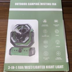 Outdoor Camping Fan + Humidifier + LED Light USB Rechargeable, Remote Control