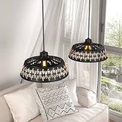 Set of 2 Pendant Lights Kitchen Island, Adjustable height Metal Pendant Light Fixtures with Rattan