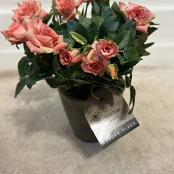 Mini Silk Pink Roses Pot Measures 10” (H)