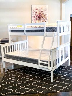 BRAND NEW WHITE TWIN OVER FULL SIZE WOODEN BUNK BED FRAME WITH TWO NEW MATTRESS/FAST DELIVERY