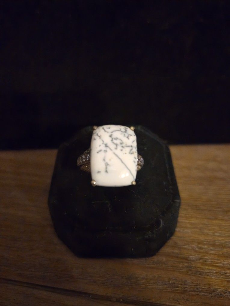 Genuine White Dendritic Agate Ring