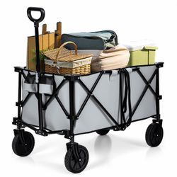 Goplus Collapsible Wagon, Folding Utility Wagon Cart w/Universal Wheels & Adjustable Handle & Cover Bag, Grocery Wagon for Garden Shopping Camping (Gr