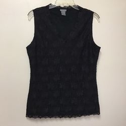 Women’s ANN TAYLOR Polyester/spandex black V-neck sleeveless Lined lace top… Size large