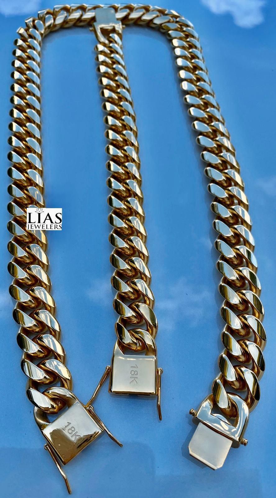 New 18k Yellow Gold Cuban Link Chain And Bracelet 18mm