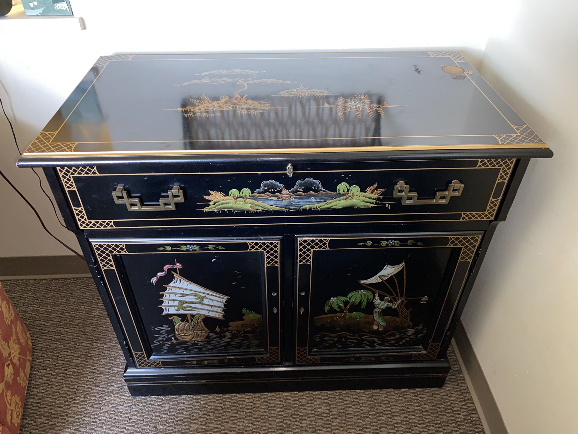 Oriental Black Lacquer Bar Serving Cabinet Top Storage Furniture Painted Buffet