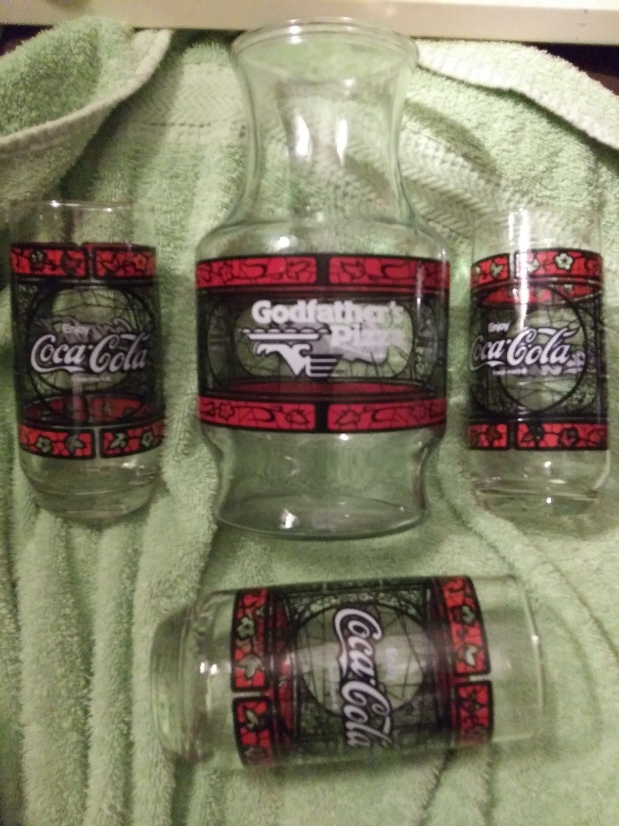 Vintage Coca-Cola Godfather's Pizza Carafe With 3 Matching Glass