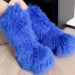 Blue Shaggy Knee Boots Size 7.5