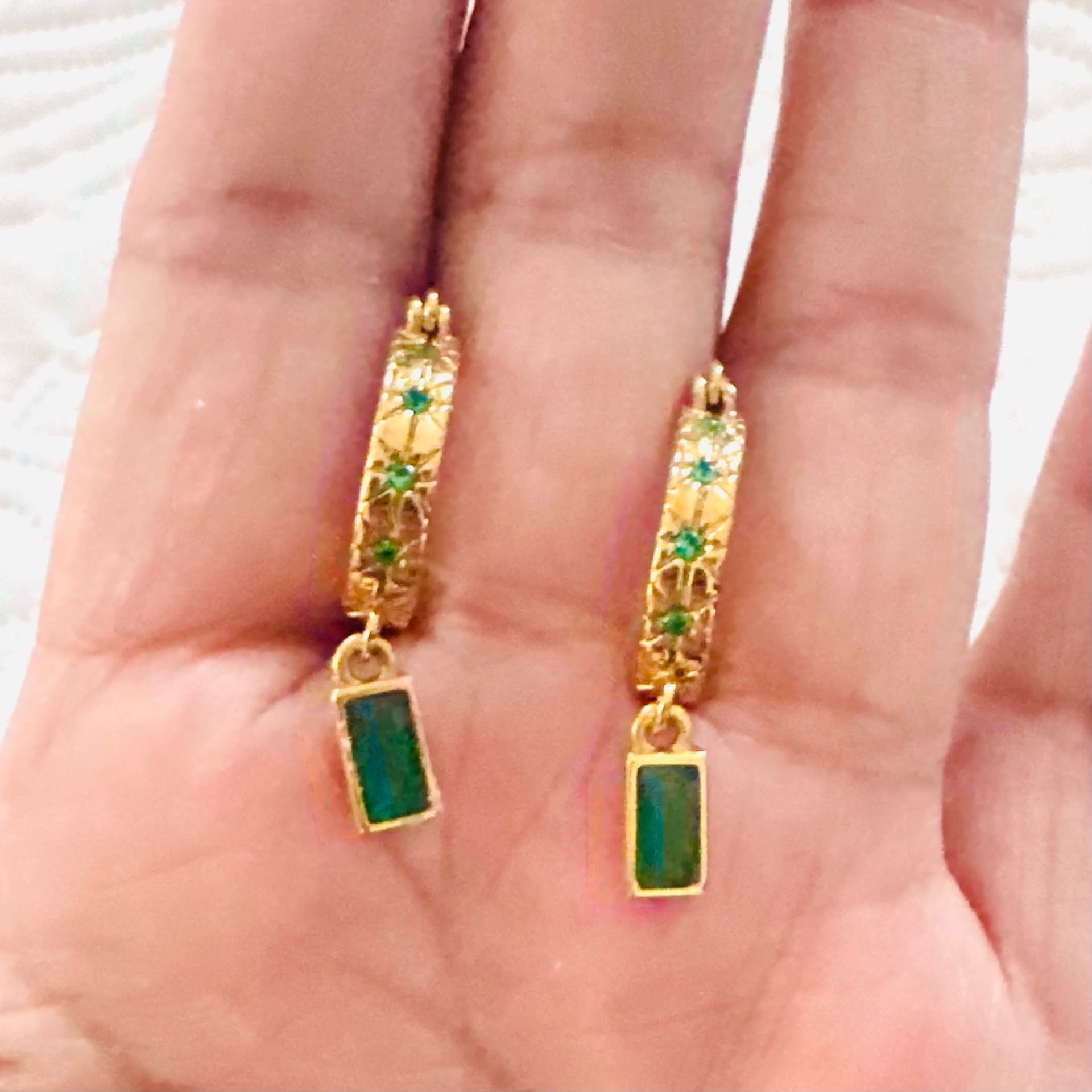 18K Gold Plated over stainless steel emerald rectangular green hoops.