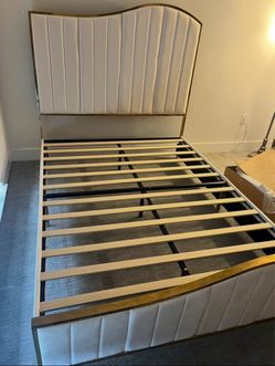 White Upholstered Bed Frame with Gold Trim