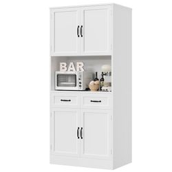 71“ Tall Kitchen Pantry Storage Cabinet, Modern Kitchen Hutch Bar Cabinet with Microwave Stand, Wood Buffet Sideboard with Hutch, Cupboard with Drawer
