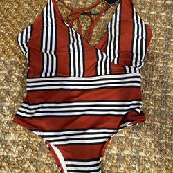 copper & black and white striped one piece bathing swim suit