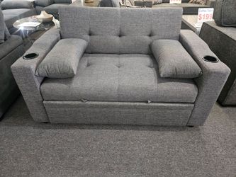 Brand new gray linen sofa bed with cup holder (Sofa: 59" x 34" x 33"H; Pull-out Bed: 59" x 70" x 26"H)