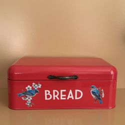 Farmhouse Retro Red Metal Bread Box w/Blue Birds & Flowers 