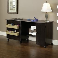 Dark brown foldable sewing craft cabinet w storage on wheels