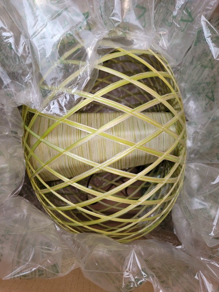 Vintage MCM 1960s Danish Teak Wicker Bamboo UFO Swag Lamp Electric Chain Plug