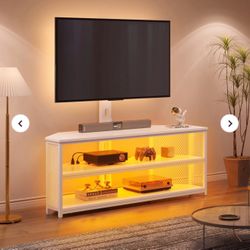White TV Stand with Integrated Mount, Lighting and Mesh sides