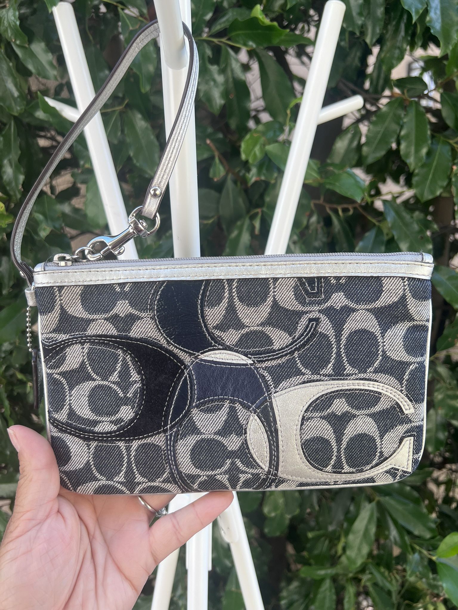 Coach Signature Logo Denim Wristlet – Blue & Silver