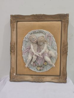 Antique Framed Porcelain Cherub Relief Plaque