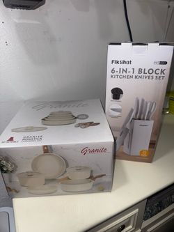9 Pcs Granite Nonstick Cookware Set and Knife Set, FIKSHOT 6-Piece Kitchen Knife Block Set with & Built-In Sharpener, Dishwasher Safe High Carbon Stai