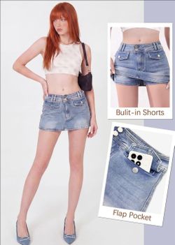Low-Rise Denim Mini Skirt with Built-In Shorts