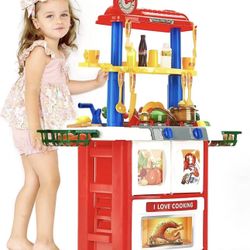 Kitchen Set for Kids - Kids Kitchen Playset with Sink, Cooking Spray, Faucet, Lights, Sounds, BBQ - 33" High Pretend Play Kitchen for Kids Ages 4-8 - 