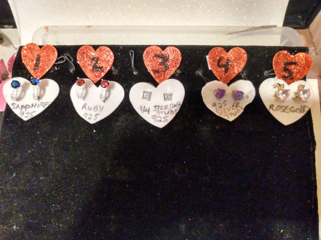 Silver (925) earrings .. SAPPHIRE,RUBY,1/4diamond (cz),925 purple heart studs,Rosegold heart..$20 EACH