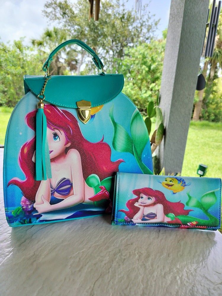 Ariel,The Little Mermaid Purse Bag/Backpack And Wallet