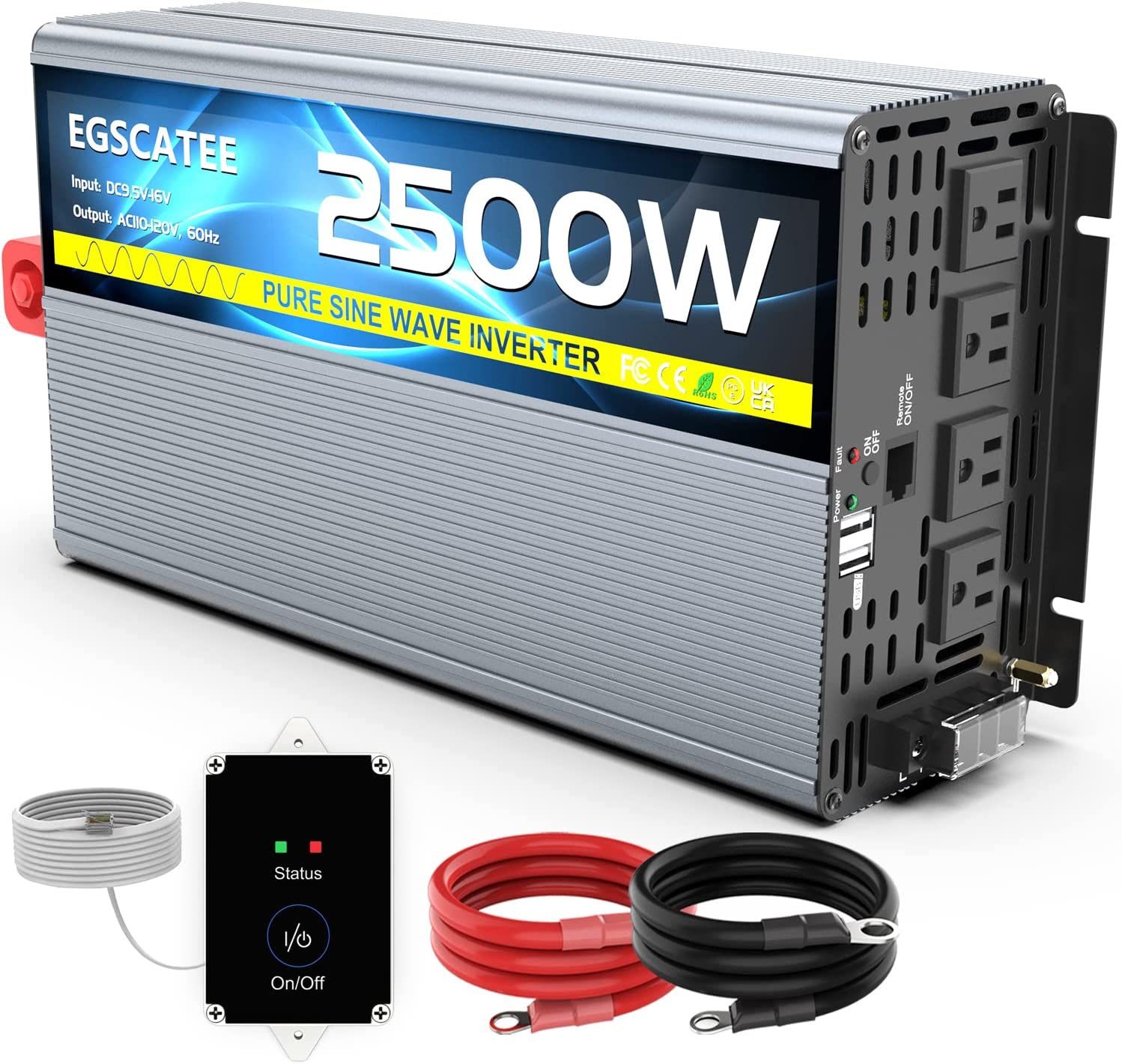 2500W Pure Sine Wave Power Inverter DC 12V to AC 110V with 4 AC Outlets 2 USB Ports LED Power Indicator Remote Control for Car RV Truck Home