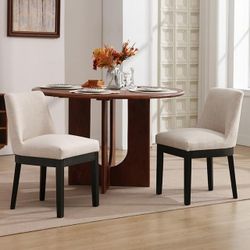 Dining Chairs with Black Wood Legs, Set of 2 Linen Upholstered Dining Chairs with Curved Backrest,