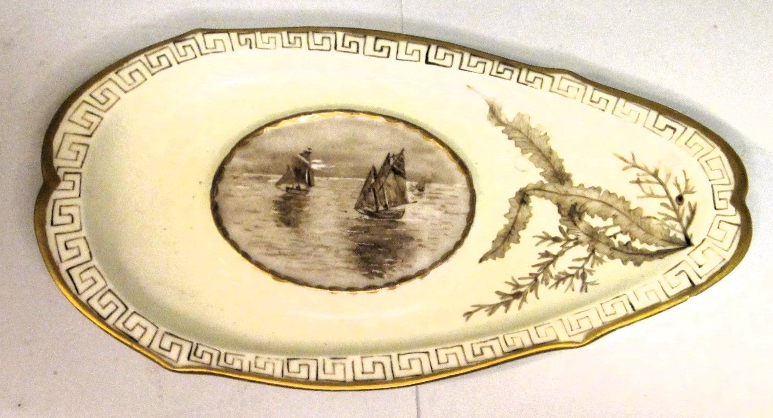 Rare Antique Oval Candy Dish With Hand Paintad Sailboats On Elevated Center Isle And Gold Rim Signed MAMMIE Griffith 1894 In VG Condition
