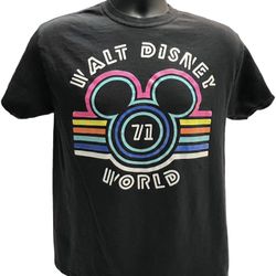 Retro Walt Disney World T-Shirt 71 Neon Logo Mickey Mouse Black Tee Men’s Medium