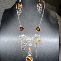 BRAND NEW - Handmade Costume Jewelry -  Orange/Brown Stoned Necklace & Matching Earrings - From Puerto Rico - Medium Length