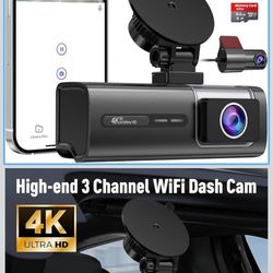 3 Channel 5G WiFi Dash Cam, 4K+1080P+1080P Dash Cam Front and Rear with 64GB Card, Dash Camera for Car with HDR IR Night Vision, G-Sensor, 24/7 Parkin
