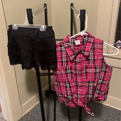 Child Large Pink Plaid Tank Shirt With Sparkles And Child Large Black Booty Shorts With Fringe