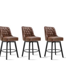 Y77  Counter Height Swivel Barstools with Back,26" H Seat Height Upholstered Bar Stools for Kitchen Island,Set of 3,Brown Leather