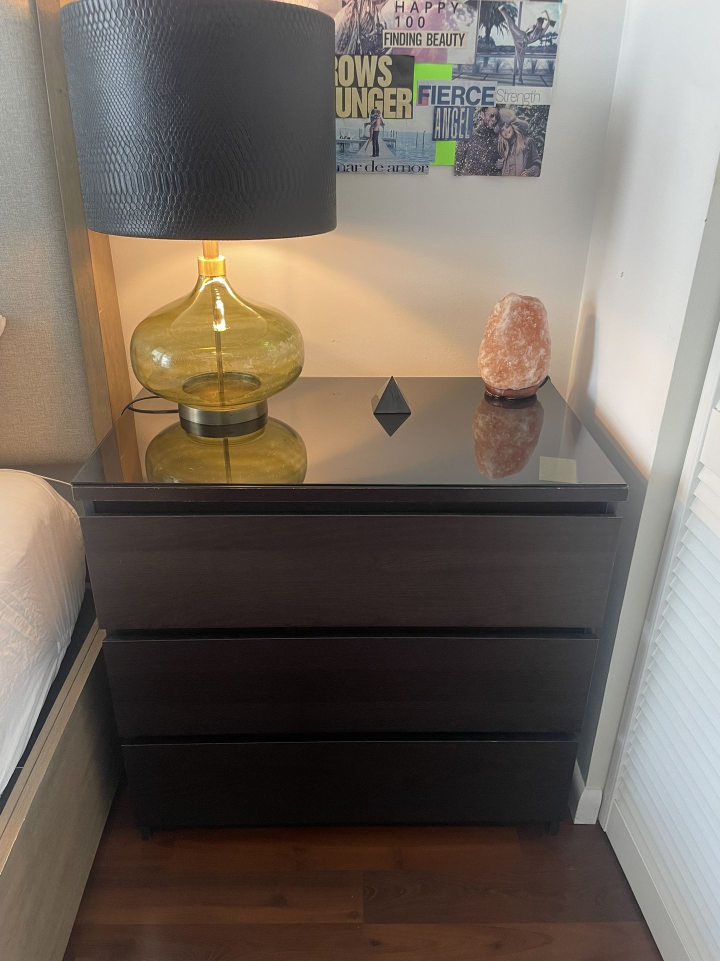 2 Ikea  MALM brown nightstands 3-drawer chest, 31 1/2x30 3/4 " set of 2 with top glass