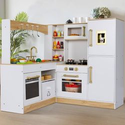 Corner Play Kitchen for Kids, Wooden Pretend Toy Kitchen, Large Toodler Cooking Playset w/Refrigerator, Stove w/Light & Sound, Disinfection Locker, Wa