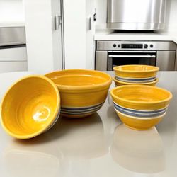 Vintage (97) Handmade Studio Pottery Bowl Set 5 Pc Yellow Blue Stripe - Signed