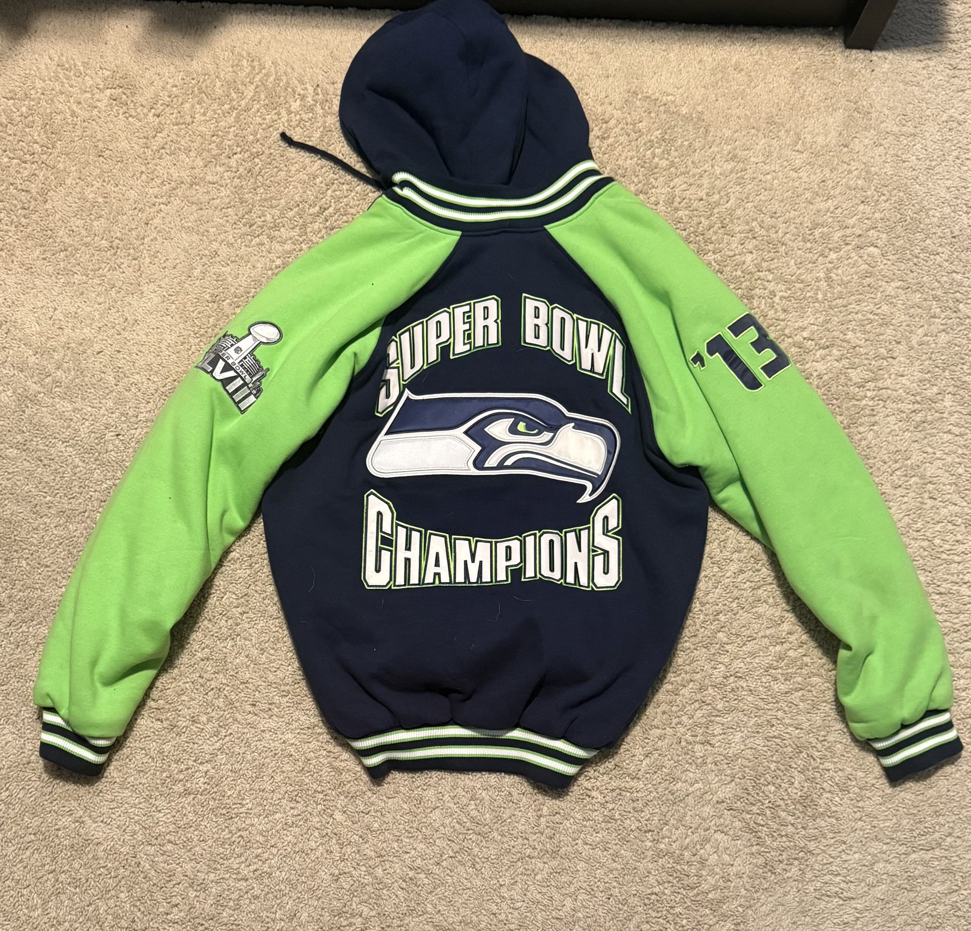 Vintage Men's G-III Sports by Carl Banks College Navy Seattle Seahawks Defender Raglan Button Up Hoodie Varsity Jacket XL