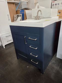 30" Navy Blue Bathroom Vanity with White Sink and Faucet
