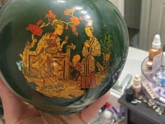 Green Ceramic Ginger Jar with Asian Scene