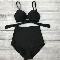 Retro Black Swimsuit Underwire Push Up High Waist Size S
