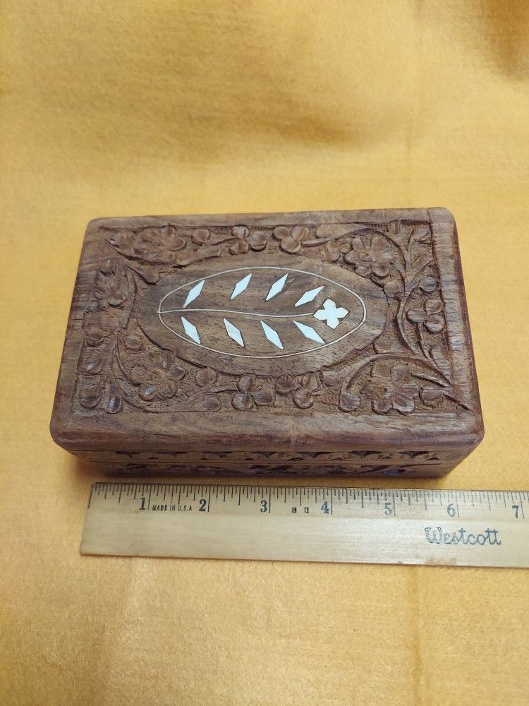 Hand Carved Wooden Box With All Contents