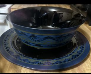 2 Pieces Arcoroc France Black Blue 12 In Chop Plate Platter And Bowl