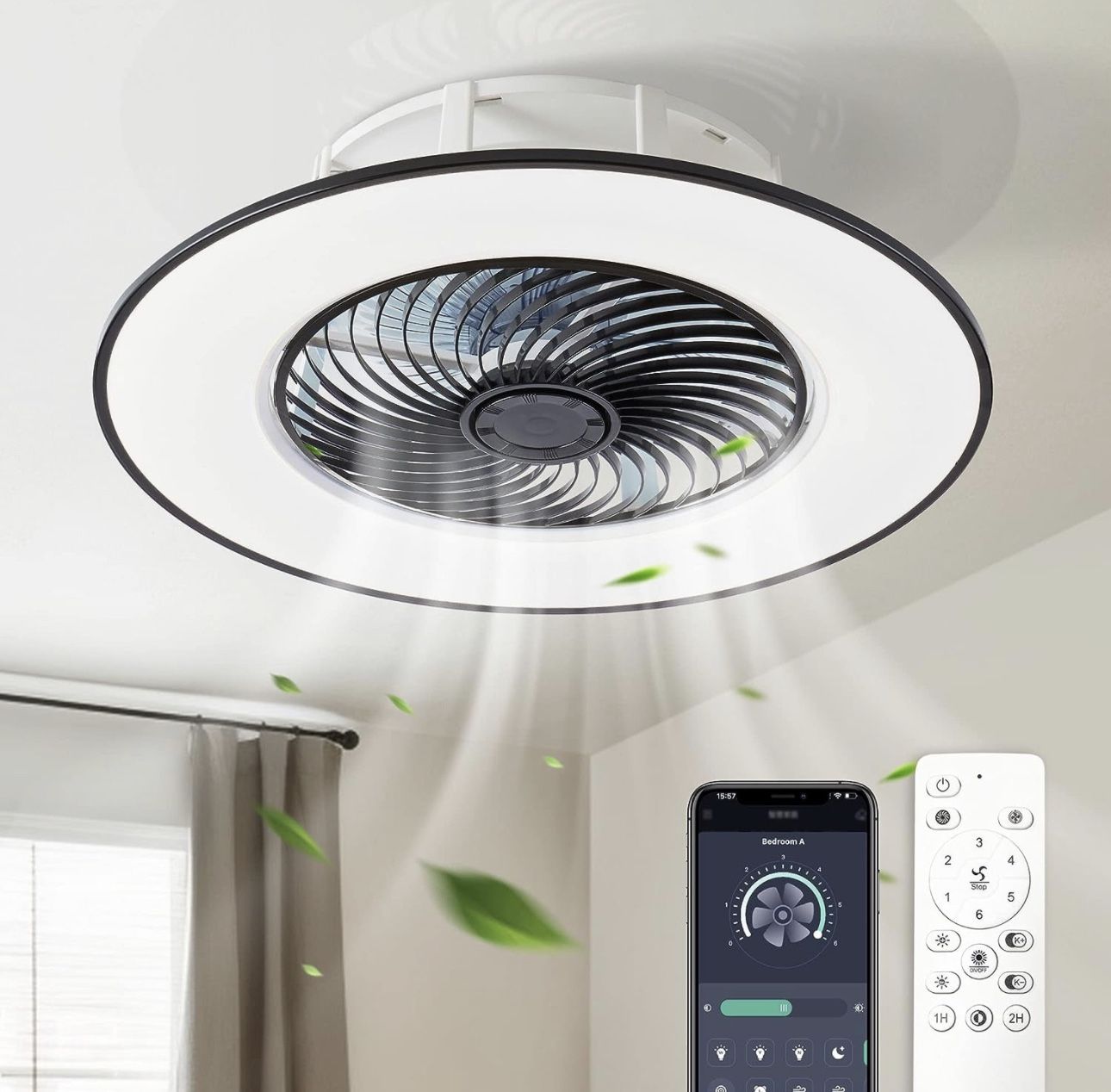 CHANFOK 22 Inch Ceiling Fans with Remote Control, Lights, Modern Bladeless- Smar
