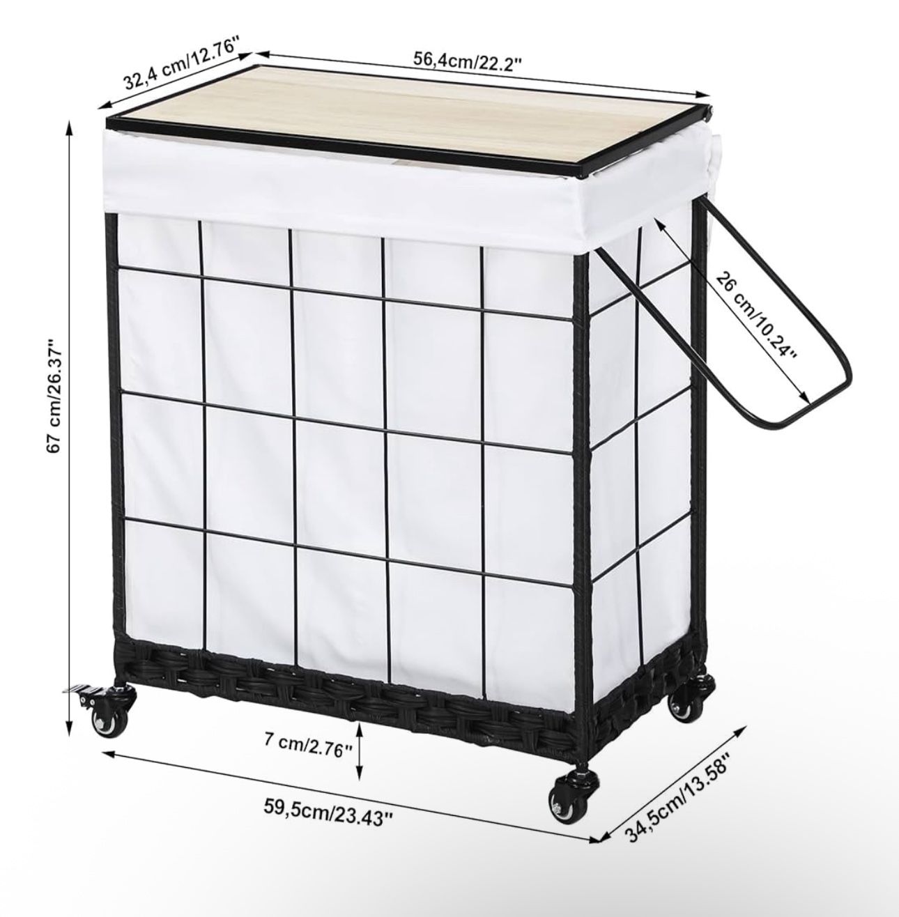 Rolling Laundry Hamper with Removable Liner Bag, Heavy Duty Wheels, Wood Lid and Metal Handle
