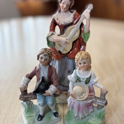 Pair of Norleans Porcelain Figurines Girl & Boy Sitting on Fences