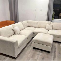 BRAND NEW CREAM CORDUROY SECTIONAL SOFA COUCH WITH OTTOMAN (NEW IN BOXES )