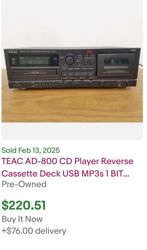 TEAC AD-800 CD Player Reverse Cassette Deck USB MP3s 1 BIT DAC Dolby - NO REMOTE